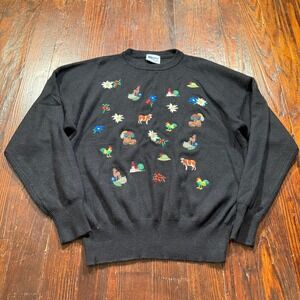 Vintage 90s Meister Sweater Women L Black Wool Blend Embroidered Alpine Folk Art
